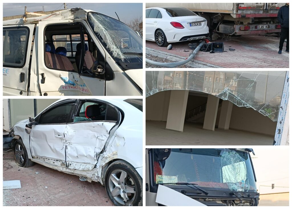 Nusaybin’de Tır, 4 araç 1 iş yerine çarparak durabildi.yaralı