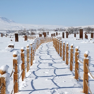 Ahlat’ta tarihi eserler beyaz örtüyle kaplandı